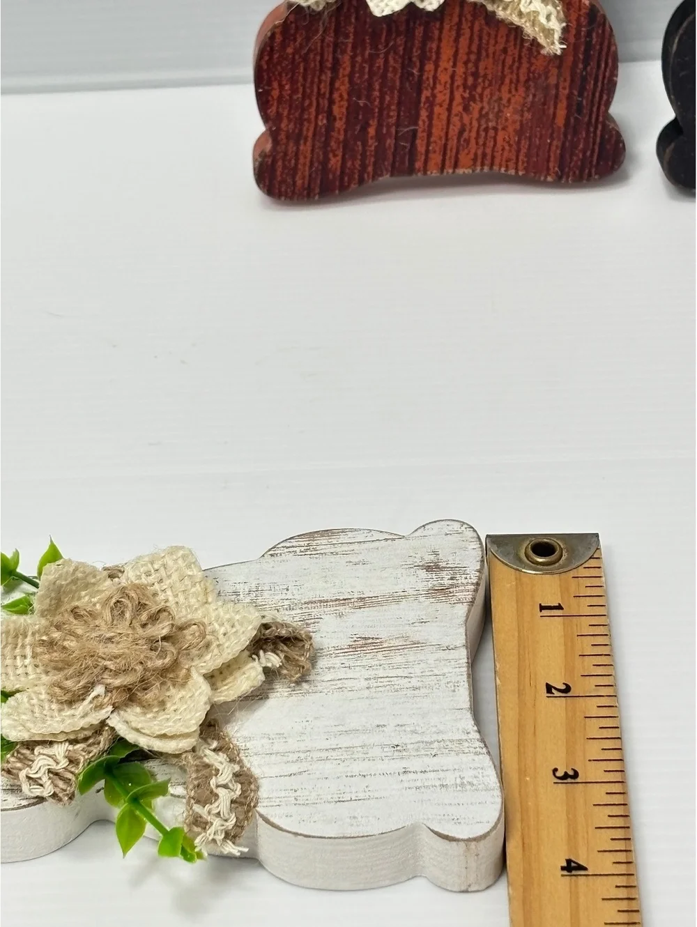 Set of 3 Rustic Wooden Bunny Decorations with Burlap Flowers and Greenery - Farm